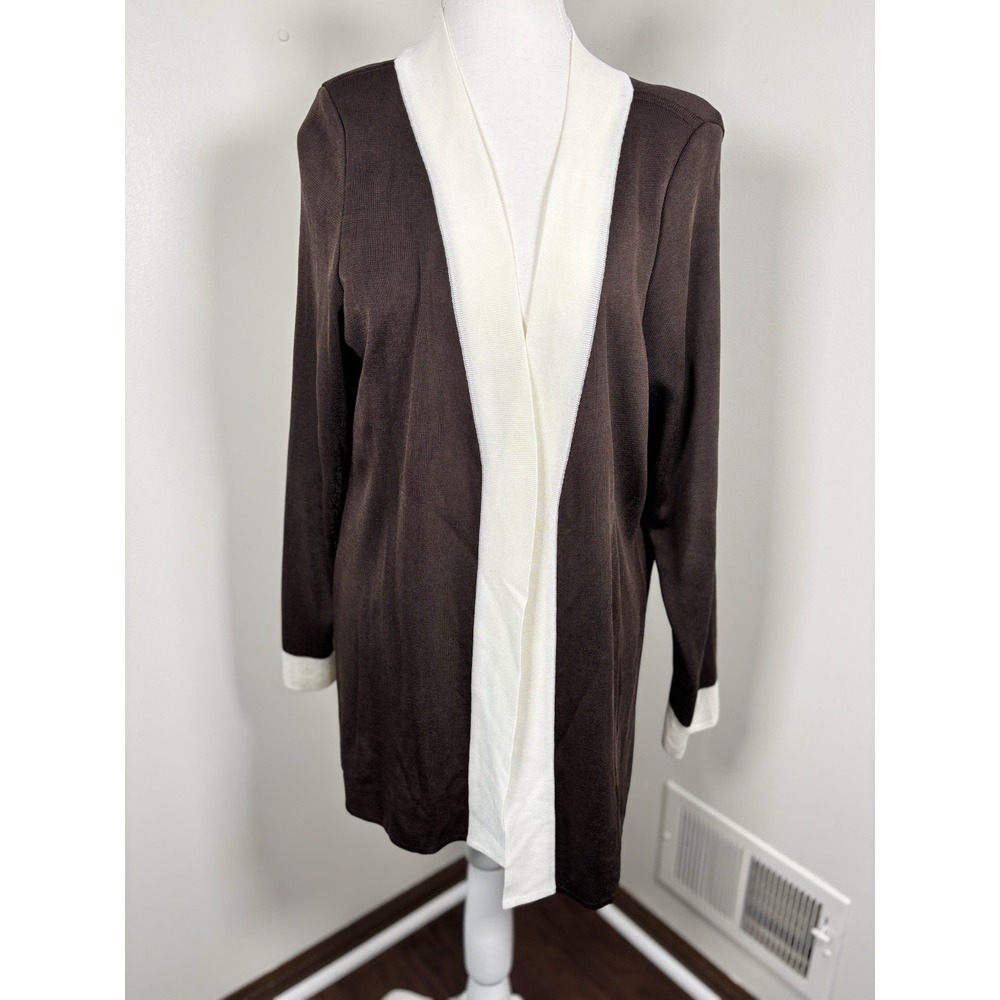 Exclusively Misook Womens Size M Open Front Brown White Trim Cardigan Business